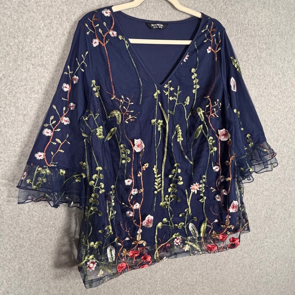 Bloomchic Embroidered Sheer Mesh Overlay Top 14 16 Navy Cottage Garden Ethereal